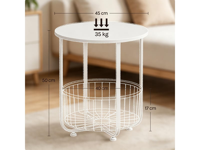  Table d'appoint ronde avec panier de rangement en métal et bois blanc ø45x50 cm  - Conforama C