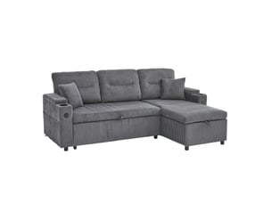 Canapé d'angle droit convertible <strong>MODFU</strong> <strong></strong> 3 places Velours côtelé gris avec coffre de rangement