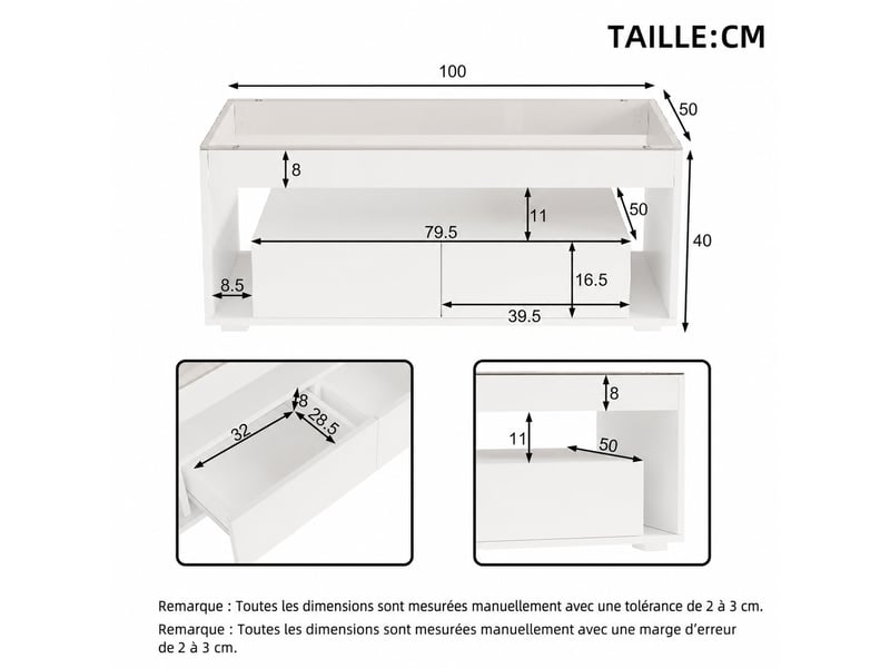 Table basse avec 2 tiroirs, niches ouvertes et led pour salon 100×50×40 cm en panneaux de particules blanc - Conforama E