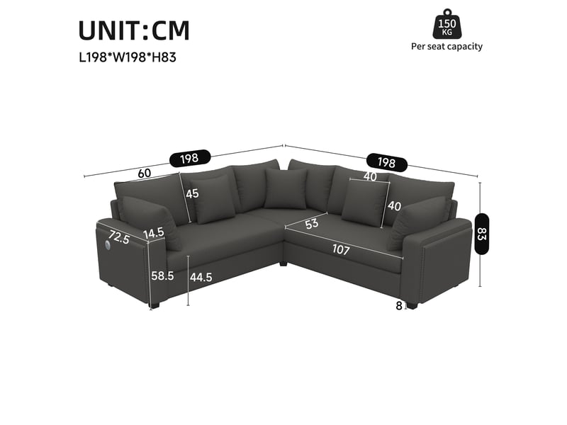  Canapé d'angle 198x198x83 cm led usb gris  - Conforama E