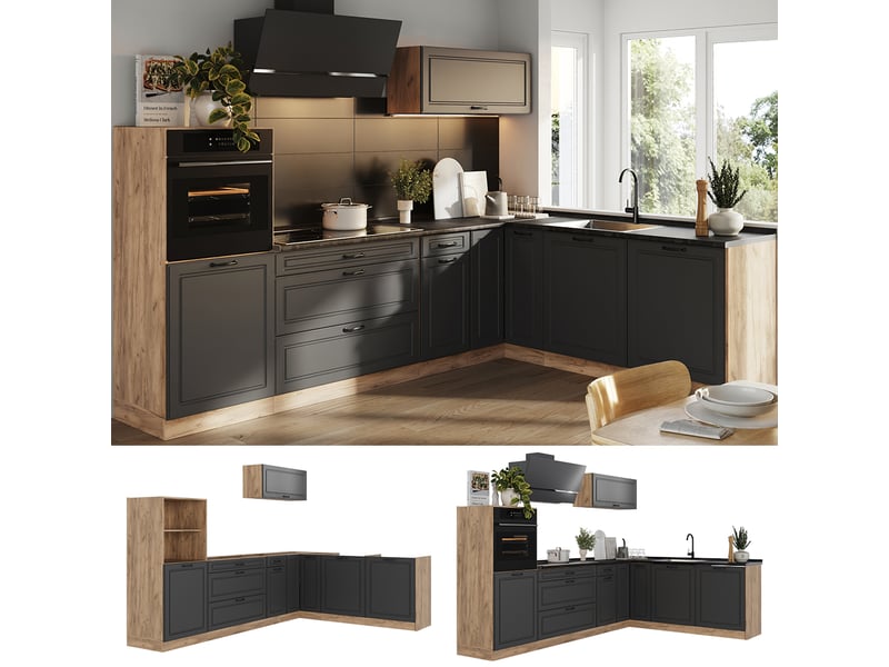  Vicco cuisine en angle, anthracite campagnechêne doré, 287 x cm sans plan de travail  - Conforama D