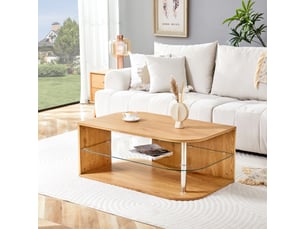 Table basse moderne avec rangement, étagère en bois naturel et verre, table de salon minimaliste pour bureau à domicile, appartement et petits espaces (100x60x42cm)