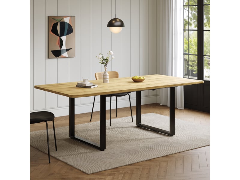 Table à manger extensible 140–220 cm, bois naturel, pieds métal, 6–10 pers. - Conforama B