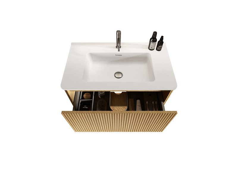  Meuble salle de bain suspendu 80 cm avec vasque - façade rainurée, 2 tiroirs, coloris chêne  - Conforama R