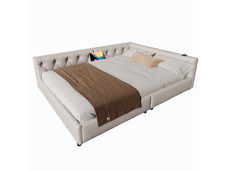  Lit enfant 140x200 cm, éclairage led multicolore, ports usb et usb-c, tête boutonnée, lin et mdf, beige, sans matelas  - Conforama A