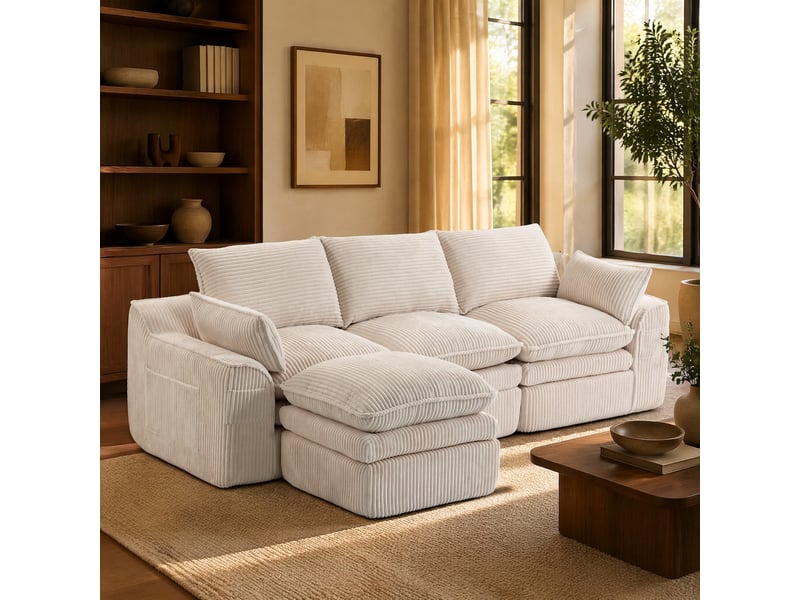 Canapé 3 places ulevr modulable avec pouf, poches latérales et coussins, velours côtelé beige, 263 x 167 x 85 cm - Conforama B