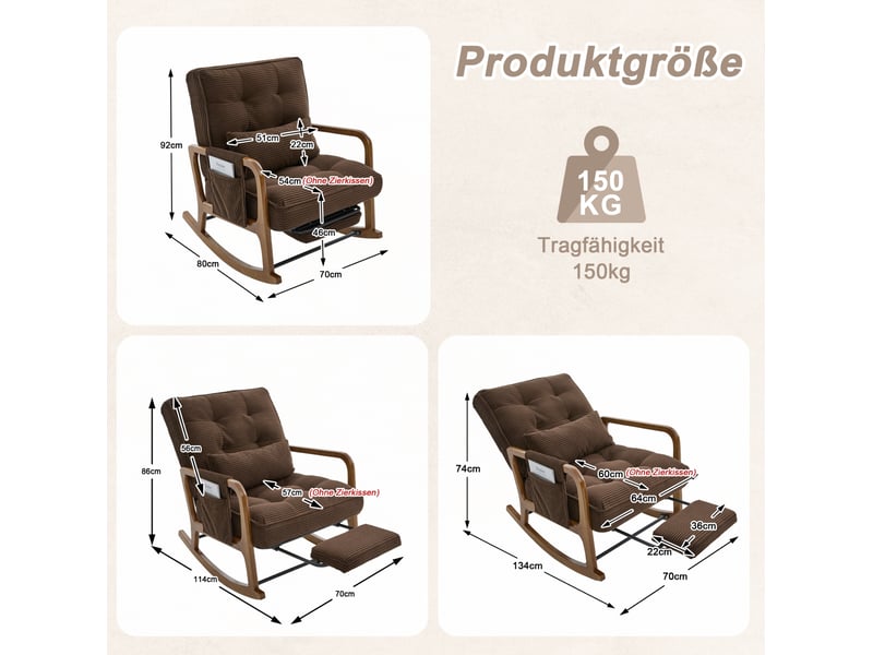  Fauteuil à bascule avec repose-pieds rétractable, dossier réglable et poche latérale, en velours côtelé café  - Conforama D