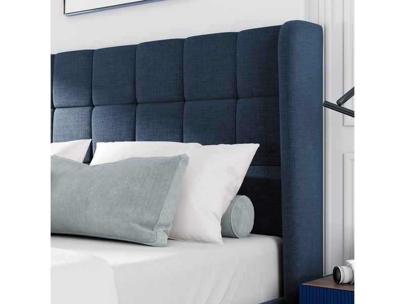  Lit 140x200 cm tissu bleu avec tête capitonnée et sommier à lattes  - Conforama D