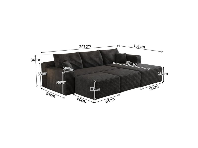  Canapé d'angle l 5 places en velours côtelé noir, sans montage Y152-R-CHAISE-2SEATER-2O-BLACK - Conforama C