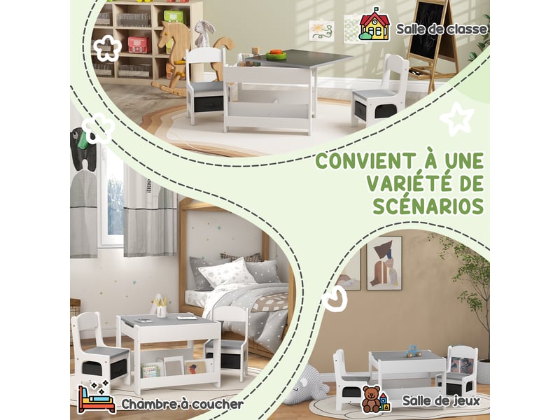 Ensemble 3 pièces table et 2 chaises pour enfant avec plateau réversible tableau noir, étagères, panier de rangement  - Conforama W