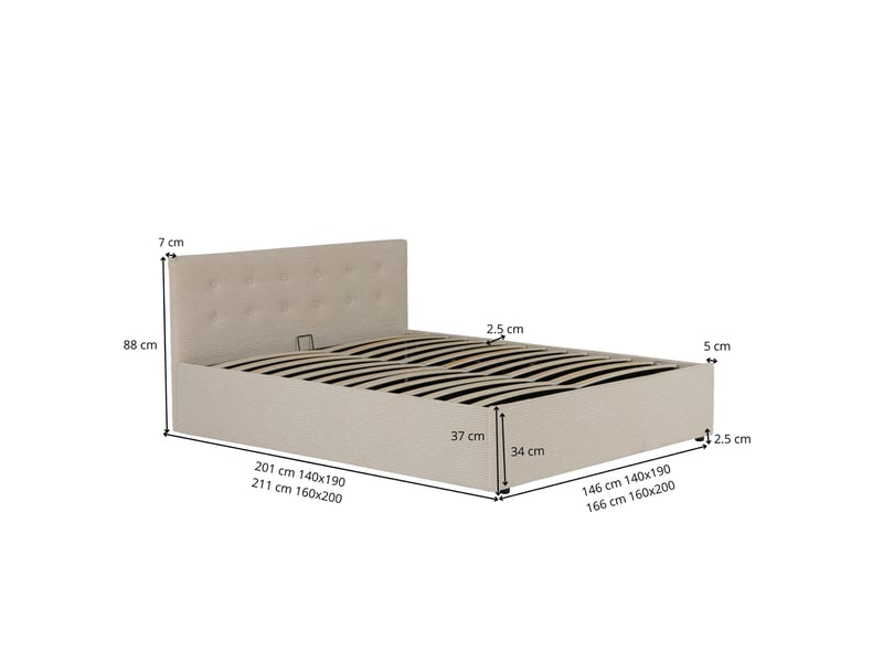  Lit coffre 140x190 velours côtelé écru avec tête de lit terre de nuit  - Conforama D