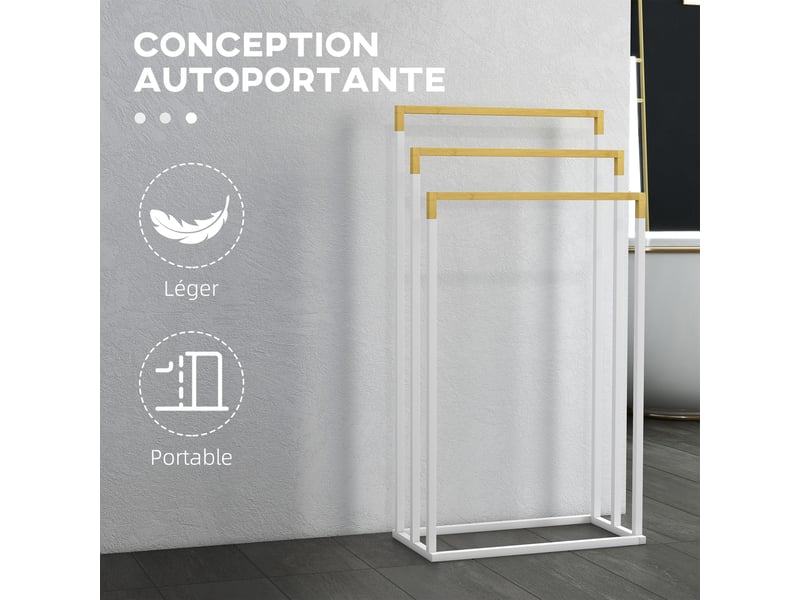  Porte-serviettes en bambou et acier sur pieds avec 3 barres support pour serviette blanc et naturel 45 x 22,5 x 86 cm  - Conforama R