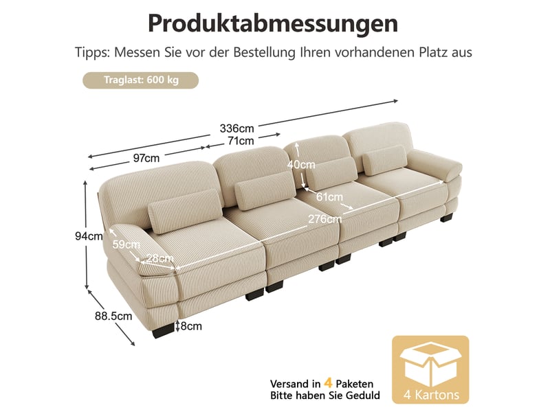  Canapé modulable 4 places 336x88,5x94 cm, format spacieux, fixations, coussins de soutien, velours côtelé, beige  - Conforama B