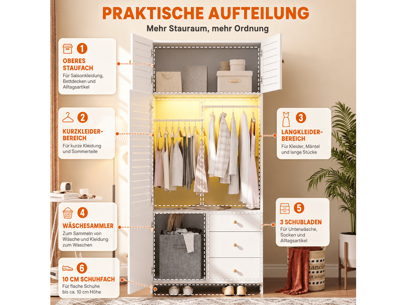  Armoire à vêtements 90 x 50 x 200 cm – blanche – éclairage led, panier à linge amovible, 3 tiroirs  - Conforama E