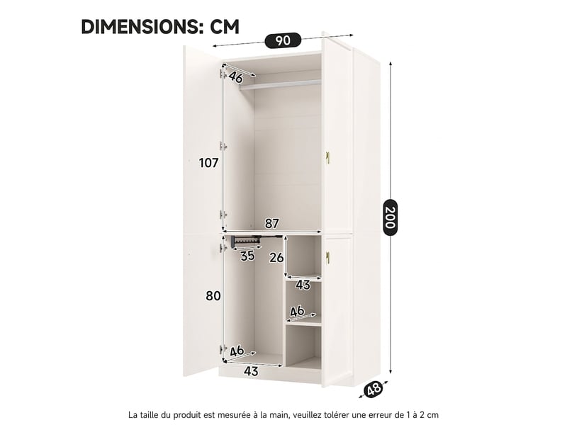  Armoire penderie 4 portes 90x50x200 cm avec 2 tiroirs et penderie, finition chêne  - Conforama W