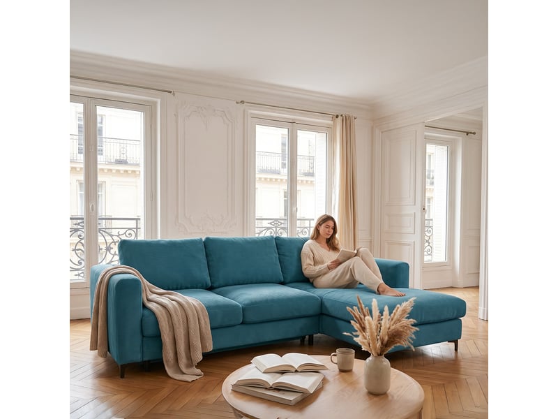 Canapé d'angle droit convertible - 4 places - velours côtelé - fiesole - bleu clair 3CA52.CA.4AC.D.14 - Conforama D