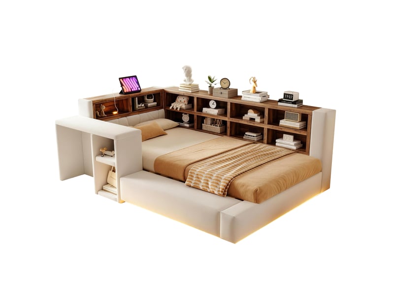  Lit rembourré 90x200 cm, rangements tête de lit, led, prises, table de chevet, velours beige, sans matelas  - Conforama A