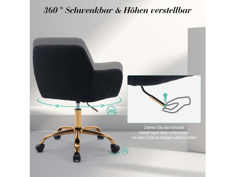 Chaise de bureau pivotante réglable en hauteur avec accoudoirs et roulettes, en fausse fourrure noire  - Conforama D