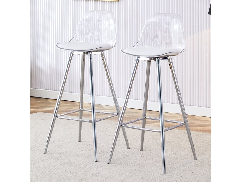  Chaise de bar avec dossier ergonomique et repose-pieds, en plastique transparent et métal argenté  - Conforama C