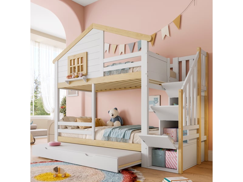  Lit superposé cabane avec lit gigogne et escalier, lit enfant 90x200 cm en bois massif, sécurité optimale, blanc et bois naturel  - Conforama D