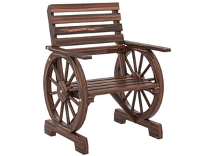 Chaise de jardin en bois avec accoudoirs en forme de roue de chariot, assise large à lattes et dossier incliné, carbonisée