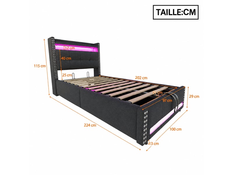  Lit enfant 90 x 200 cm avec rangement hydraulique, led multicolore et prise usb  - Conforama C