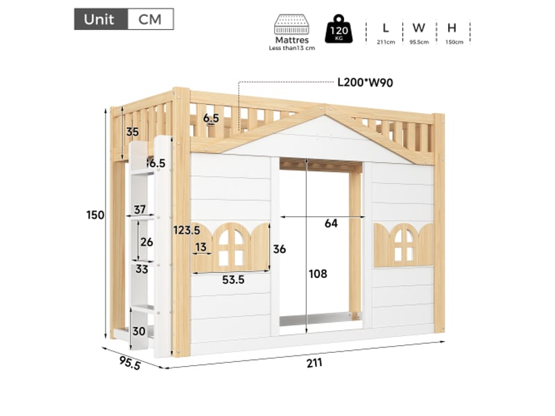  Lit mezzanine enfant 90x200 - maison forme fenêtre, bois blanc et naturel, 2 en 1 avec espace activité dessous  - Conforama C