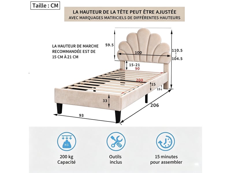 Lit enfant 90x200 cm en velours, lit simple rembourré avec sommier à lattes, tête de lit en forme de pétale réglable en hauteur, cadre de lit capitonné pour enfants et adolescents, beige - Conforama C