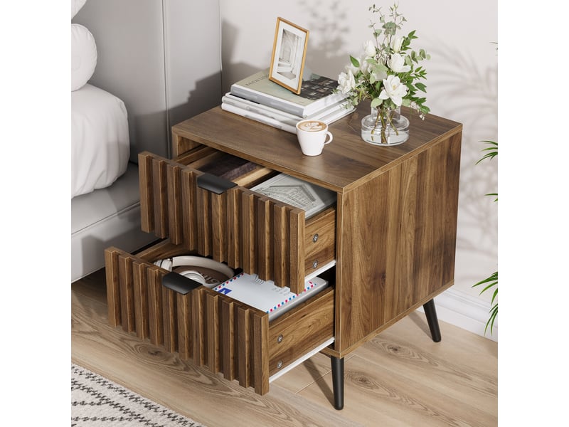 Table de nuit moderne - design encastré - deux tiroirs spacieux - dimensions - couleur noyer - matériau mdf 45x40x53cm - Conforama D