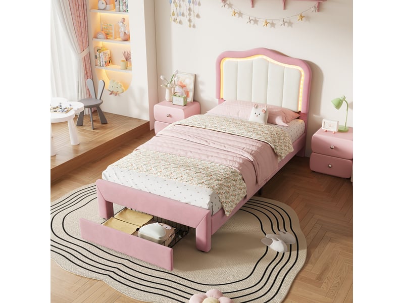 Lit enfant tapissé 90 x 200 cm en velours avec tiroir et led rose chicfurn - Conforama C