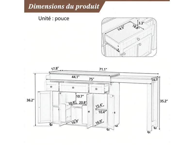  Îlot de cuisine blanc sur roulettes muvano, plateau extensible, 3 tiroirs, 137 × 45,2 × 92 cm  - Conforama W