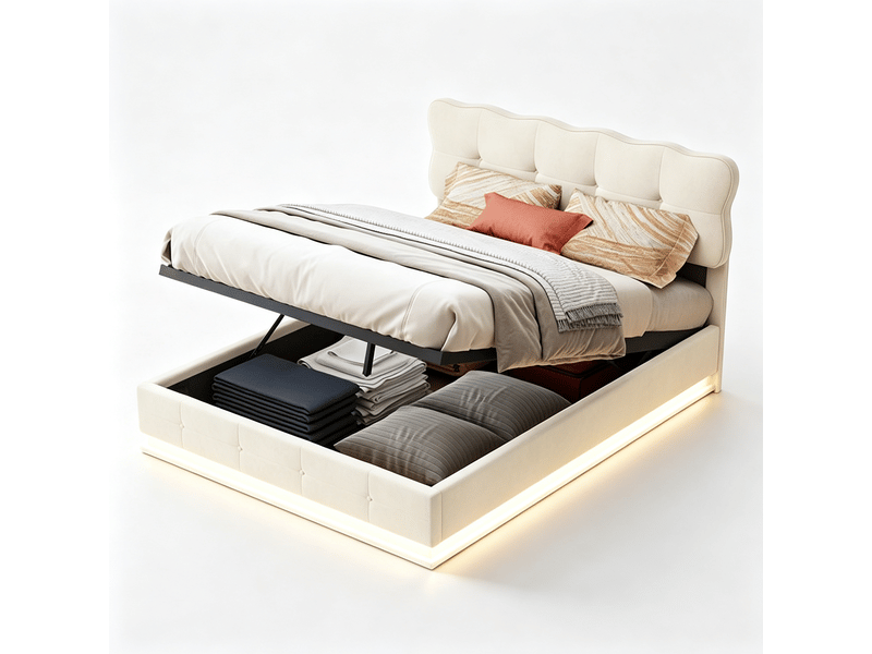  Lit 140x190 cm, rgb led, hydraulique, moderne, cadre de lit double 140x190 cm, velours, beige  - Conforama A