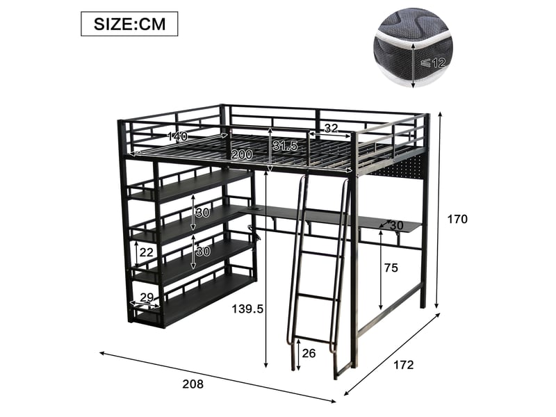  Modenvie lit mezzanine 140x200 cm - avec étagères, rangement et port de charge, sans matelas - noir  - Conforama C