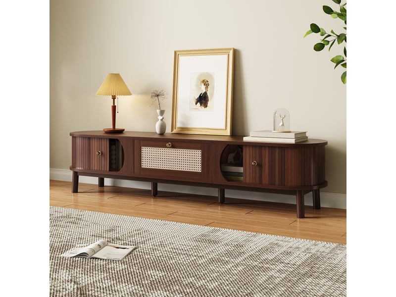  Meuble tv rustique en bois naturel, portes et tiroirs en rotin, rangement naturel élégant  - Conforama B