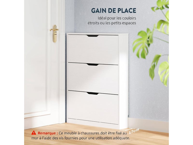 Meuble à chaussures 3 tiroirs rabattables 12 paires blanc 80 x 17 x 108 cm  - Conforama E