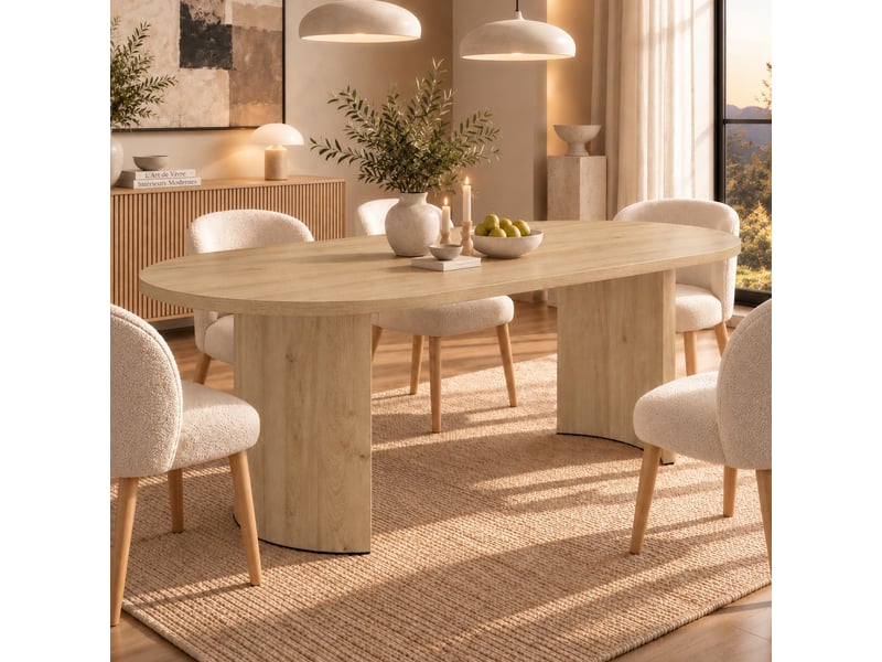 Table à manger 200 x 90 cm couleur chêne, pour 6 à 8 personnes, plateau ovale aux angles arrondis  - Conforama B