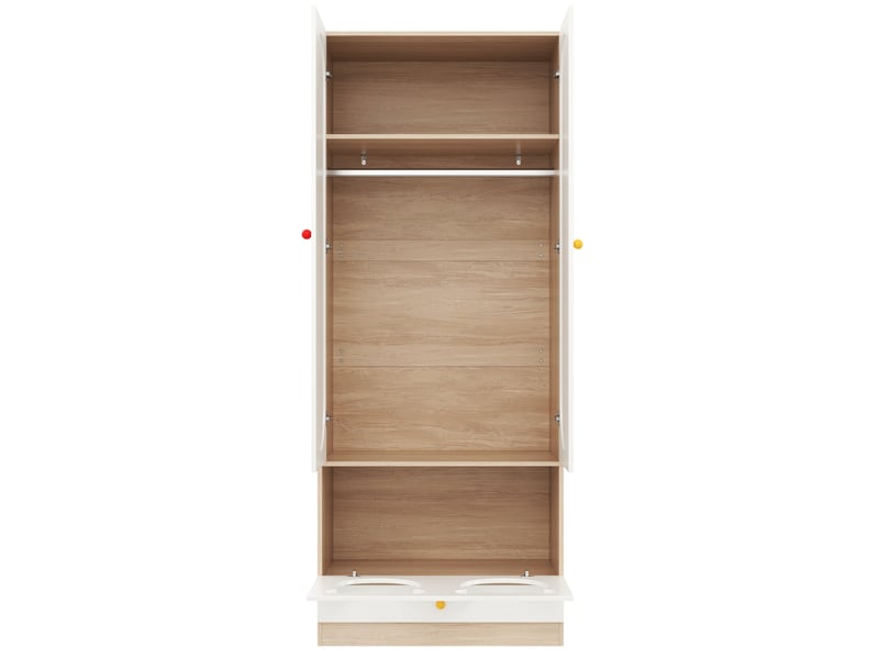  Armoire enfant 80x50x200 cm - 2 portes, penderie, étagères, tiroirs, design ours, blanc et bois  - Conforama R