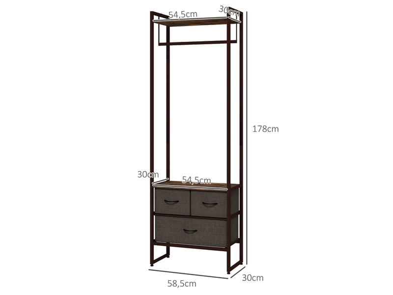  Portant à vêtements avec 3 tiroirs en tissu, 58,5 x 30 x 178 cm, étagères de rangement et tringle de suspension, marron  - Conforama C