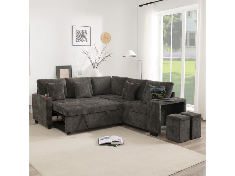  Canapé d'angle, canapé convertible, gris, porte-gobelets, coussins inclus, usb, adapté à l'espace de vie, pour home cinéma  - Conforama D