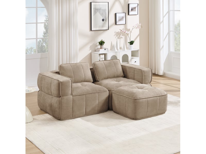 Canapé d'angle modulable 2 places avec pouf, sans structure rigide, en polyester sable beige - Conforama B