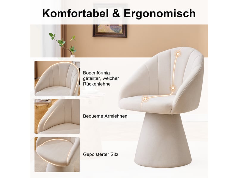  Fauteuil de table pivotant 360°  56x57x80cm - avec dossier rond ergonomique et base conique rembourrée - chenille - beige  - Conforama E