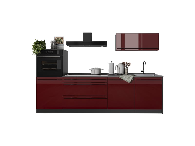 Vicco cuisine, rouge brillantanthracite, 280cm plan de travail chêne doré - Conforama E
