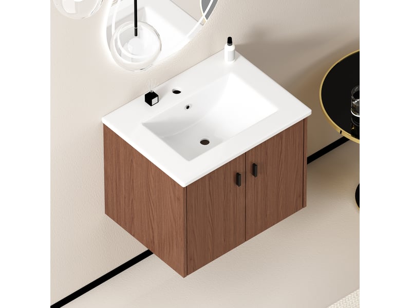  Armoire de salle de bain compacte avec 2 portes à fermeture amortie et espace de rangement en mdf brun rougeâtre  - Conforama D