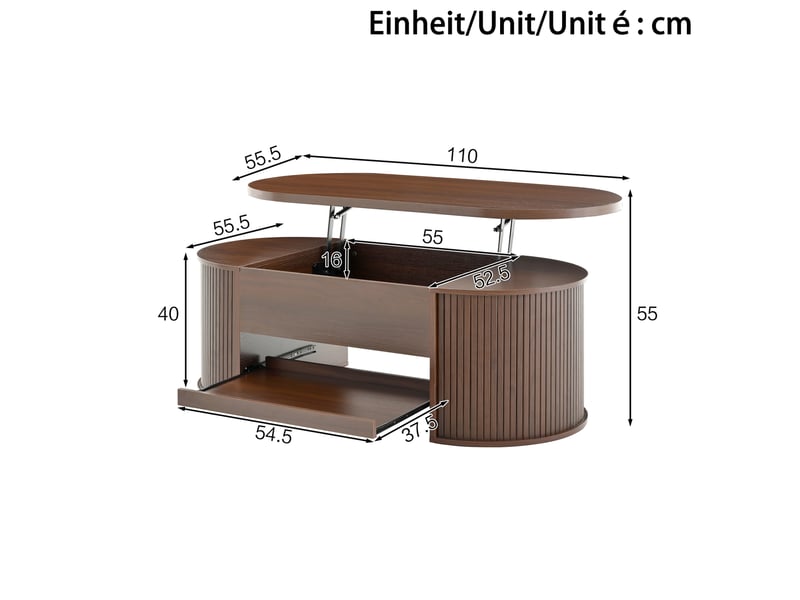  Table basse relevable 110x55.5x40 cm avec rangement en mdf noyer naturel  - Conforama E