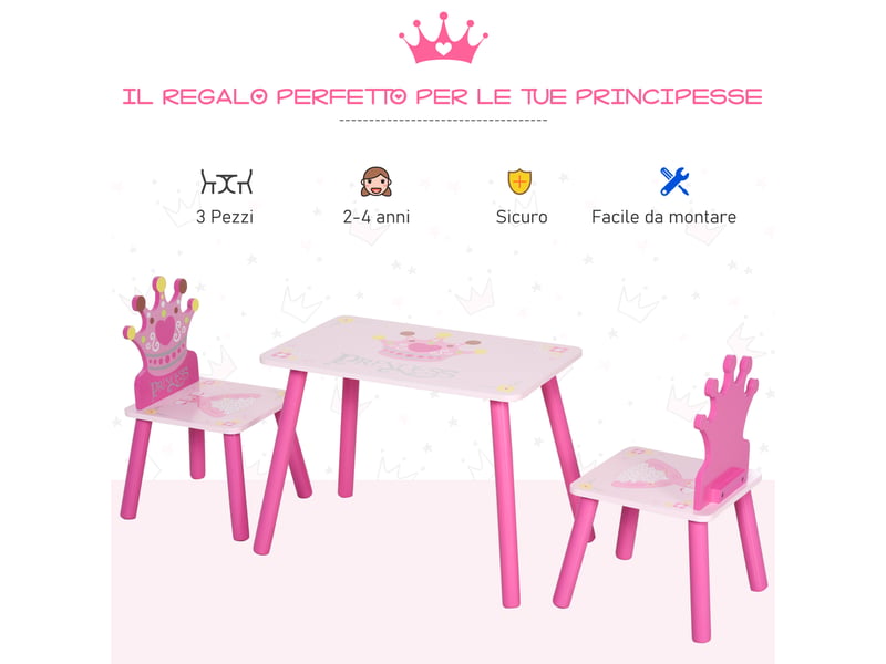  Ensemble table et 2 chaises sur le thème des princesses pour chambres d'enfants, en bois rose avec dossier en forme de couronne  - Conforama E