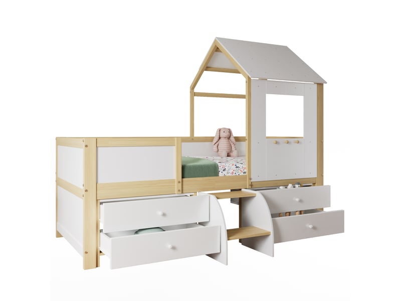  Lit cabane enfant 90x200 cm – blanc et naturel – 4 tiroirs de rangement, escalier 2 marches, sans matelas  - Conforama A