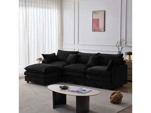Canapé d’angle modulable 3 places en chenille noire avec méridienne et pouf, assise confortable pour salon et petit appartement