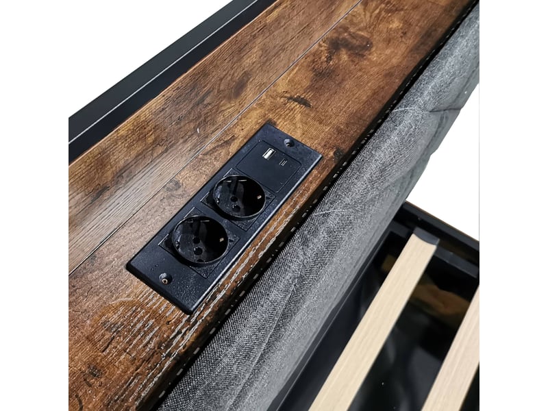  Lit baldaquin 140x190cm, lit coffre, lit modulable, recharge, led, dossier en mousse, fer, mdf, noir, motif bois  - Conforama D