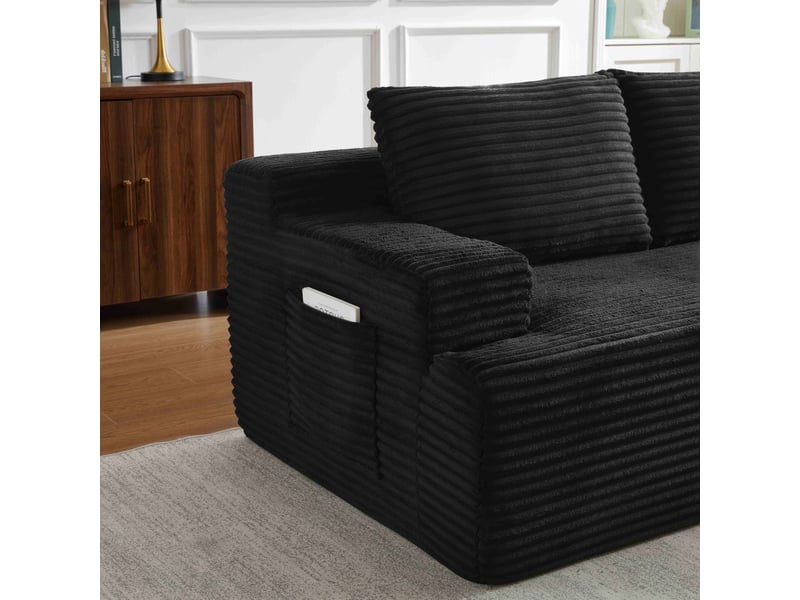  Canapé d’angle 4 places noir en velours côtelé, style nuage avec méridienne gauche, modulable et convertible  - Conforama E