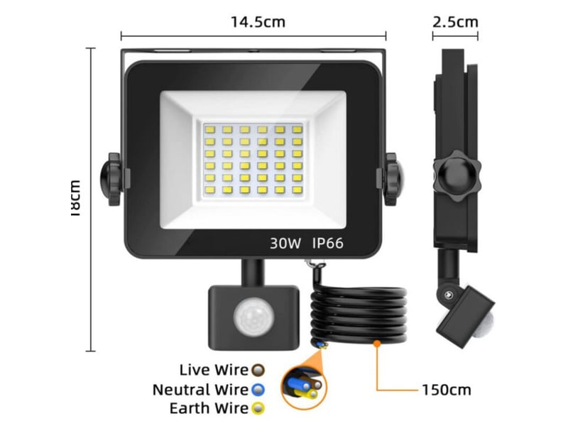  30w projecteur led détecteur de mouvement 6500k blanc froid ip66 pour jardin, garage  - Conforama C